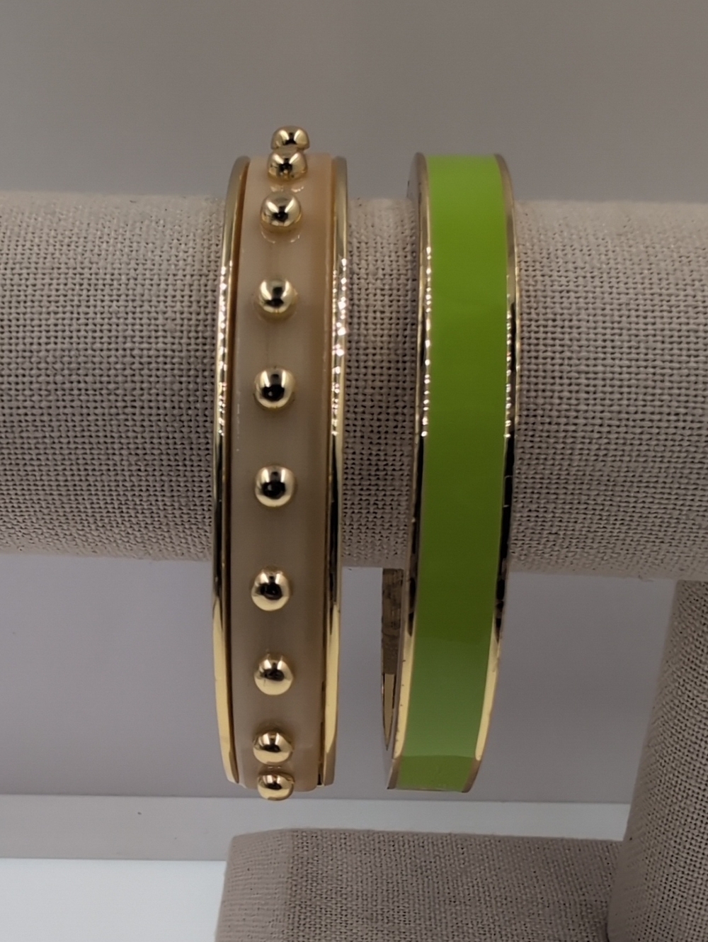 Talbots Set of 2 Hinged Bangle Bracelets Gold-Tone Enamel Stack Green Cream 0113
